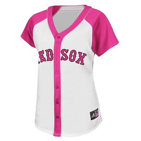 MLB Majestic Pink White Boston Red Sox Short Sleeve Baseball Jersey - XL - Picture 1 of 12